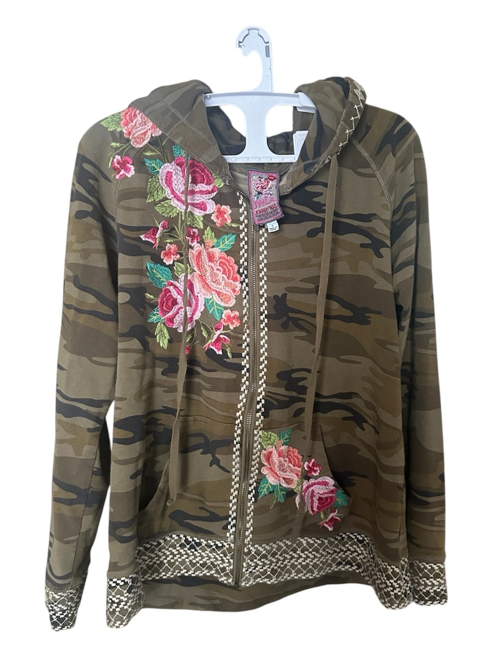 Johnny Was Olive Camo Zip Hoodie with Pink Floral Embroidery Accents